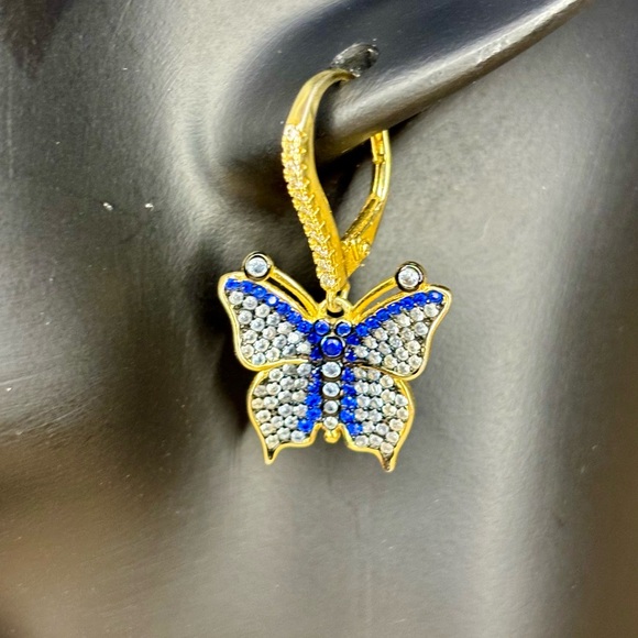 Beautiful Gold Plated 925 Blue Rhinestone Butterfly Earrings - Picture 4 of 10